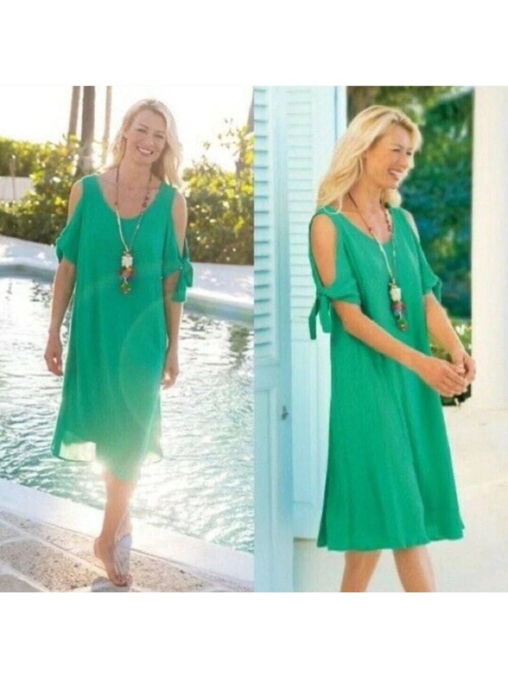Soft Surroundings Dress Womens Extra Large Destin Green Gauzy Cold Shoulder Tied